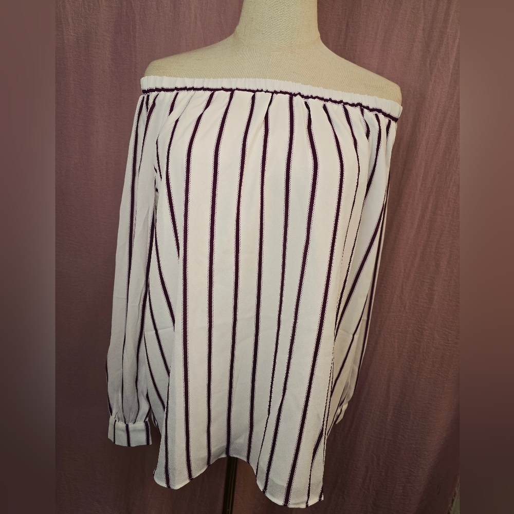 Lumière Womens Striped Off The Shoulder Cuffed Sleeve Blouse - Small